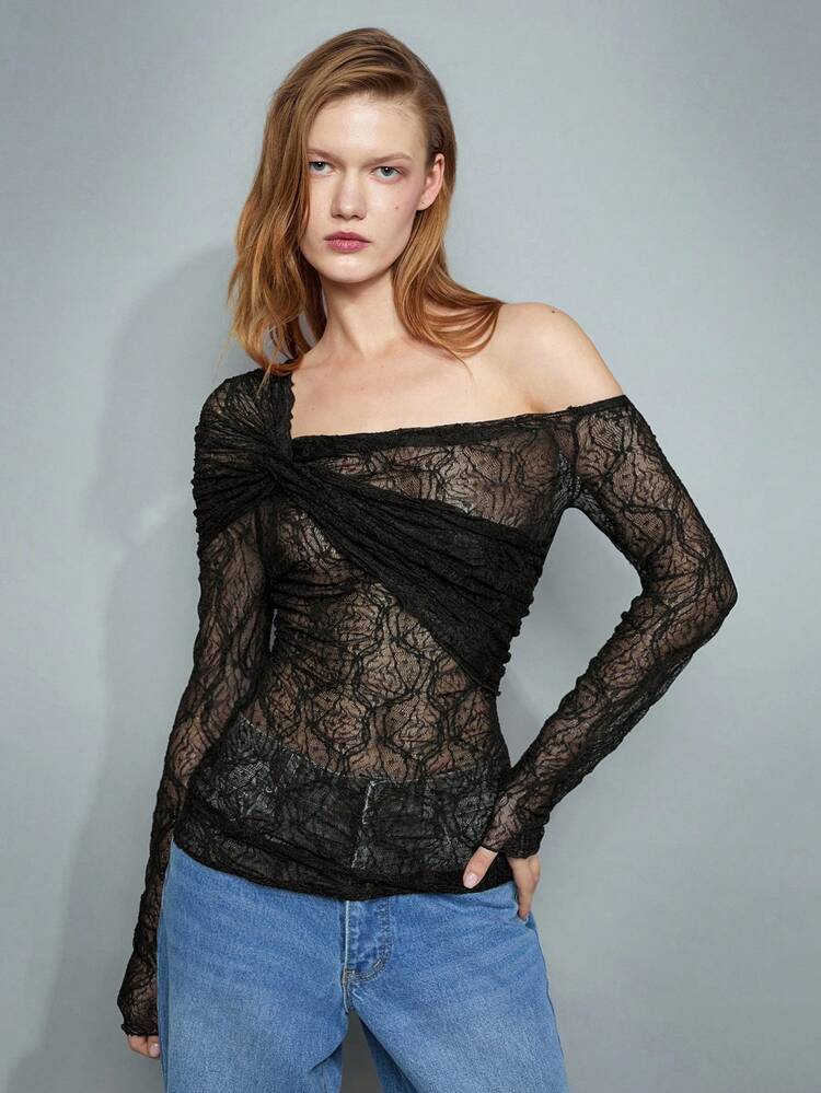 SHEIN Maija Women's Asymmetrical Asymmetric Neckline Twist Knot Textured Fabric Fitted Long Sleeve Sexy Fashionable T-Shirt Blouse, Versatile For All Seasons Festival