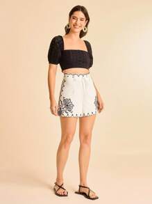 CAJUNI Vacation Casual Summer Tropical Bohemian Style Retro Print Wavy Hem Tie Front Women Shorts - Multicolor - View 3