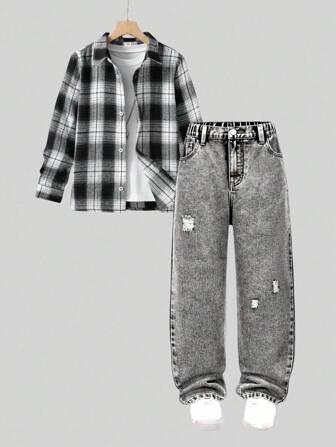 SHEIN Jeans a leg comodi e versatili per ragazzi pre-adolescenti con personalità semplice e versatile