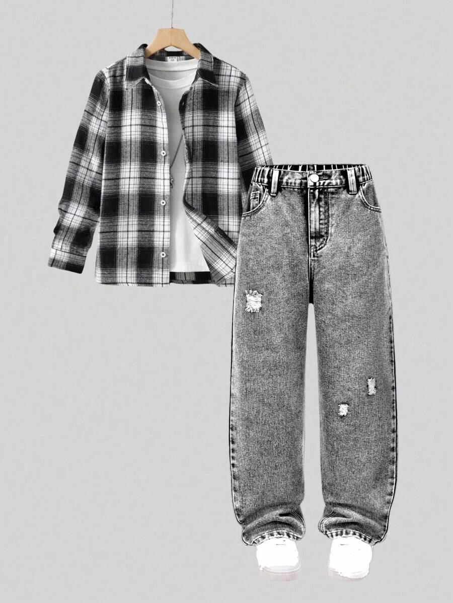 SHEIN Explorewe Tween Boy Light Grey Ripped Jeans,Distressed Straight Leg Denim Pants For Back-To-School,Autumn Streetwear School Casual Chic Fashionable Clothes - Grey - View 1