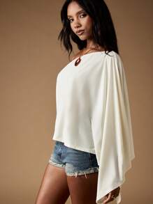 MISSGUIDED One Shoulder Draped Asymmetric Poncho Blouse With Billowing Sleeve Elegant Evening Cocktail Party Occasion Wear Resort Spring Summer Collection