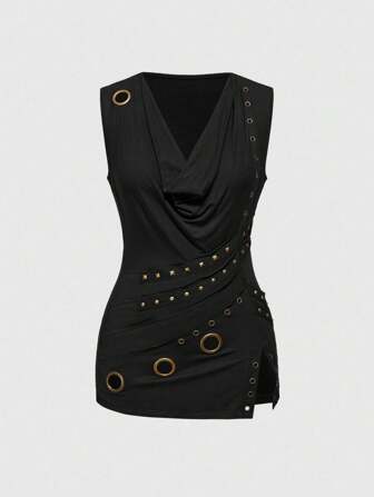 Grunge Punk Top ajustado de tirantes con cuello con escote profundo, de corte dividido y decoración con remaches de estilo retro punk para mujer