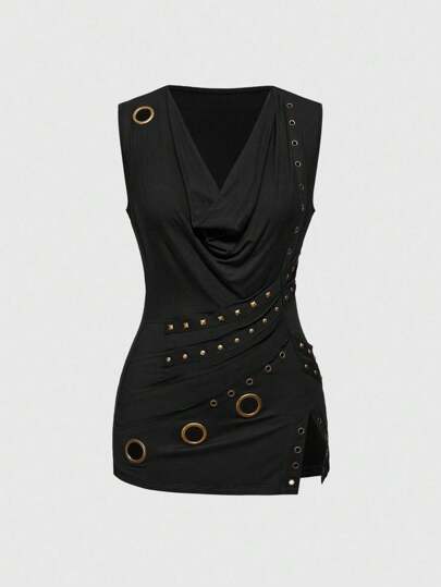 Grunge Punk Canotta aderente donna con scollo profondo, orlo spaccato, decorazione con occhielli in stile retrò punk e metallo