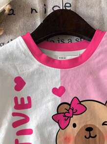 SHEIN Leap Crew 2 件套青少年女孩休闲可爱卡通水豚、蝴蝶结、草莓色拼布短袖宽松 T 恤和紧身裤夏季服装，适合青少年女孩服装、返校服装 - 彩色 - 查看 5