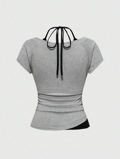 Grunge Punk Women's Summer Gothic Street Halter Side Ruched Splice 2 In 1 Wing Mesh Pattern Rhinestone T-Shirt