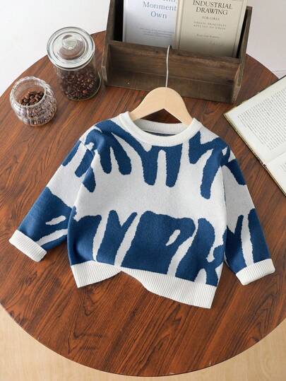 SHEIN Young BoyFashion 可爱柔软简约撞色图案针织长袖套头衫，适合居家、日常、上学、户外、派对穿着，秋冬