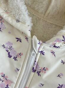 SHEIN Baby Girls Toddlers 0-3 Yrs Casual Hooded Fluffy Ditsy Floral Outerwear, Warm For Autumn/Winter Fall - Apricot - View 4