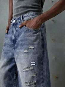 NEON BLANC Men's Streetwear Loose Wide Leg Woven Denim Jeans - Blue - View 4