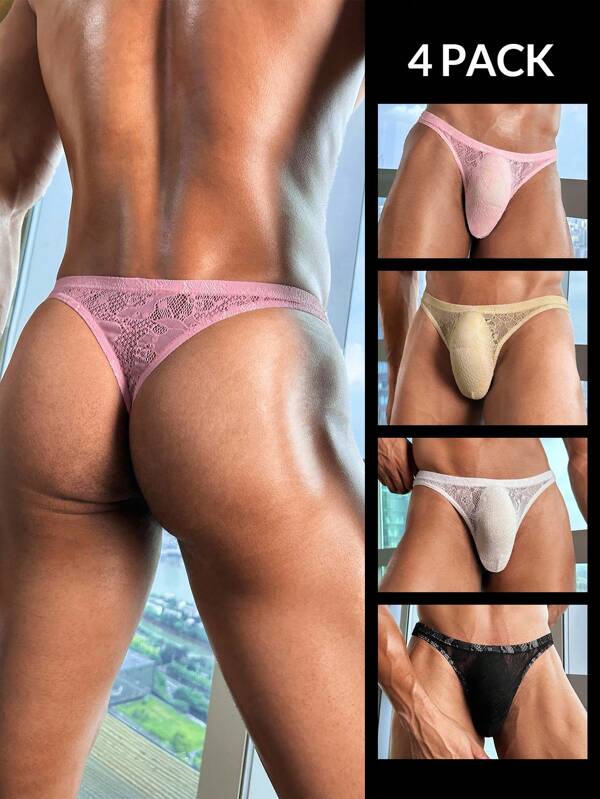DrisQ 4pcs/Set Men's Sexy Lace Thong Underwear Mesh Breathable