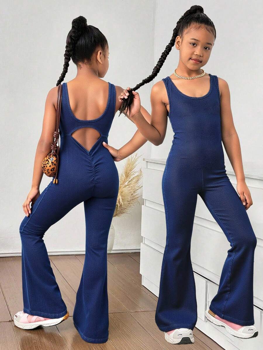 少女时尚休闲 Y2K 复古酷炫舒适柔软透气露背健身深蓝色针织弹力紧身无袖连体裤喇叭牛仔裤，适合少女日常穿着，柔软舒适，适合秋季、冬季穿着，适合返校、返校节、锐舞派对、音乐节、海滩、街头服饰和校园穿着。 - 藍色 - 查看 1