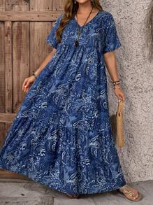 EMERY ROSE Vestido largo casual de cuello en V con estampado de plantas, talla grande, de estilo campestre casual para vacaciones, sencillo y con estilo para el uso diario, blusas de verano para mujer, conjuntos de verano para mujer