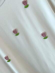 SHEIN LUNE 女士优雅时尚 3D 花卉刺绣珍珠装饰 T 恤，休闲日常穿着 - 白色 - 查看 6