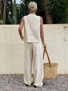 Livesso 2件套女士夏季纯色荷叶边单排扣背心和裤子休闲套装 - 杏色 - 查看 2