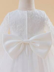 Glamorique Kids Baby Girl Lace Mesh Satin Long Sleeve Dress, White Floral Flower Girl Wedding Party Ball Gown With Big Bow Back, High-End Children's Dress For Birthday, Banquet, Performance Baby Girl White Lace Dress White Dress For Baby Girl