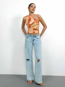 Maija Îmbrăcăminte de vară portocalie pentru femei, decolteu asimetric, imprimeu floral integral, croială moale cu volane, minimalist, elegant și confortabil pentru festivaluri de muzică, ținută casual de zi cu zi/birou, maiou scurt fără mâneci din plasă tricotată - Portocale - Vizualizare 10