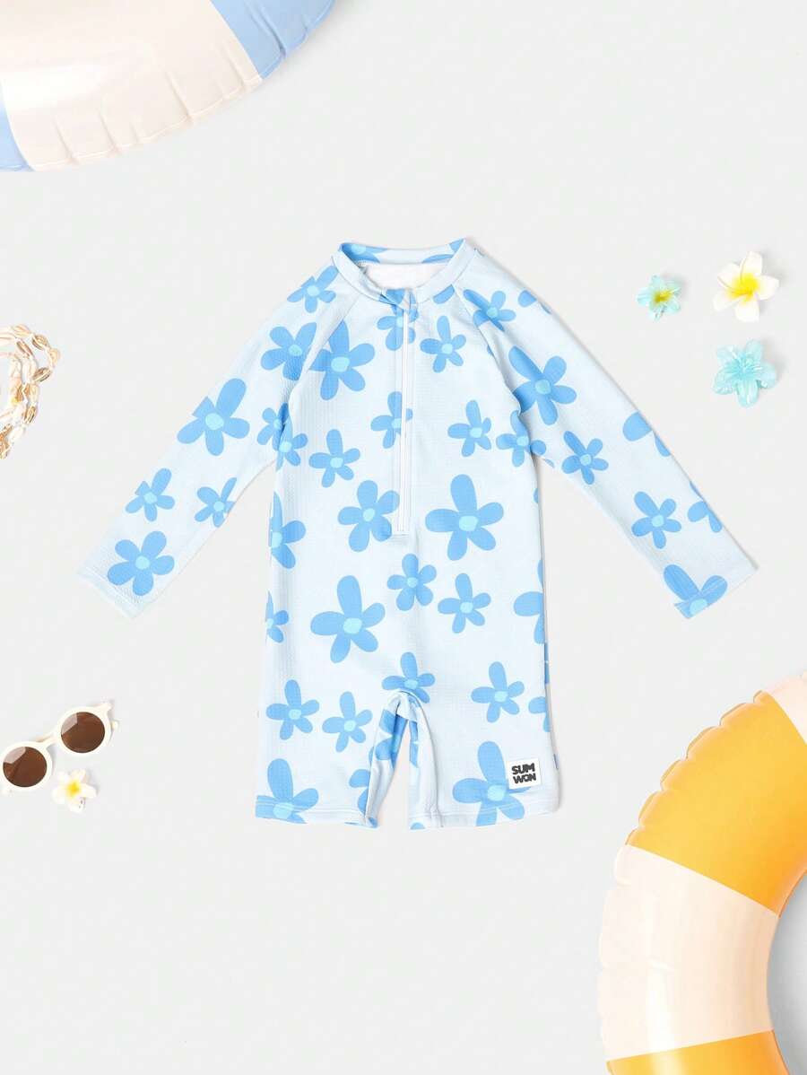 SUMWON Mädchen Langarm Sonnenschutz Badeanzug Strand Schwimmkostüm Blume Muster Einteiler Rash Guard UPF50 Strand Urlaub Pool Wassersport Bademode