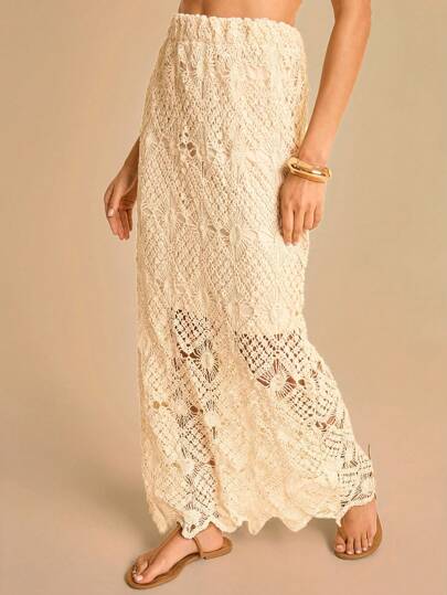 CAJUNI Women's Vacation Casual Solid Color Hollow Out Knitted Skirt- Crochet Maxi Skirt