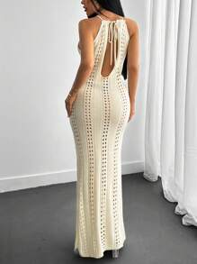 CLARA VERO Vestido midi tipo cubrecuerpo con cuello de halter y diseño hueco, estilo de playa para uso en verano