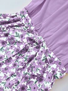 SHEIN LUNE 大码优雅花卉印花拼布连衣裙 - 紫色 - 查看 5