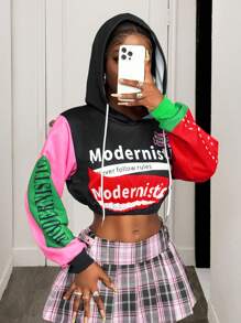 BamGleam Chic Autumn Color Block Letter Print Cropped Hoodie Pullover Fall - Black - View 7