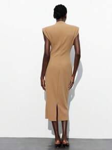 Maija Mocha Color Wide Shoulder Design Multifunctional Modern Urban Style Fashion Fitted Turtleneck Elegant Office Dress, Old Money Style, Office/Casual Wear, Summer - Khaki - View 2