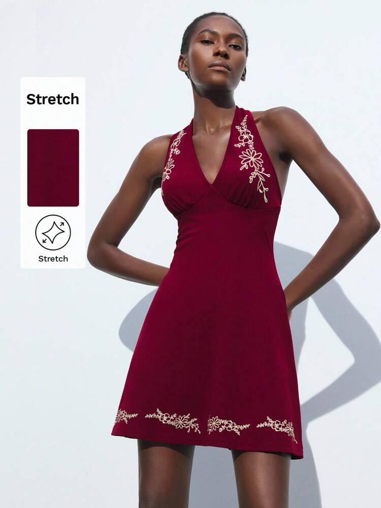 SHEIN Maija Women's Brown Embroidered Design Casual Summer Dress, Versatile All-Season Vacation Fashionable Comfortable Fitted Halter V-Neck Open Back Embroidered Embellished Beach Holiday Ibiza Bohemian Resort Chic Elegant Mini Dress All-Match Summer Clothing For All Seasons, Modern Holiday Fashion Design, Comfortable Beach Beach Clothing, Bohemian Style, Isabi Island Holiday Wear, Summer Dopamine Holiday Wear, Ins Same Style Holiday Style, Exotic Atmosphere, Country Concert, Western Style Clothing