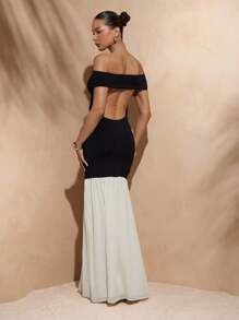 Hauture Women's Two Tone Drop Waist Two Way Neckline Cowl Neck Off Shoulder Sexy Dress, Vacation, Party - Black and White - View 2