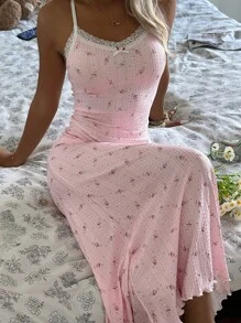 CottageSlumber Romantic-Flora Midi Length Pink Sleep Dress With Plant Pattern And Feminine Spaghetti Strap Design Pink Floral Dress Summer Dress - Pink - View 7