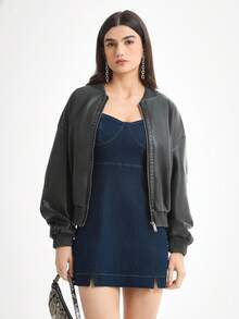 Daynim 女式休闲细肩带迷你牛仔连衣裙 - 深色水洗藍 - 查看 4