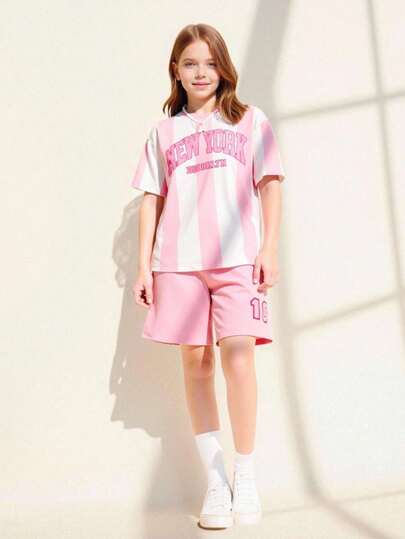 Explorewe Tween Girls' Casual Colorblock Striped Letter Print T-Shirt And Shorts Set, Summer