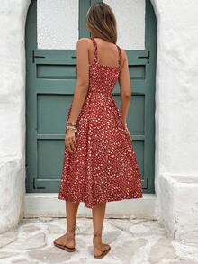 SHEIN Frenchy Damen Midi-Kleid mit Schlitz an der Seite und ärmellos mit winzigem Blumenmuster, geeignet für den Urlaub - Rot - Übersicht 2