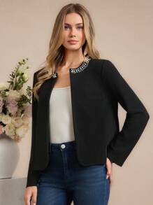 Amorya Women Beaded Pearl Decorated Crew Neck Long Sleeve Knitted Slim Elegant Cardigan, Suitable For Daily Wear, Autumn/Winter - Black - View 6