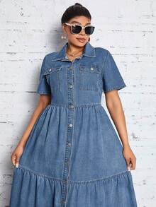 SHEIN SXY Plus Size Women Casual Denim Dress With Short Sleeve, Single-Breasted And Ruffle Hem - Medium Wash - View 3