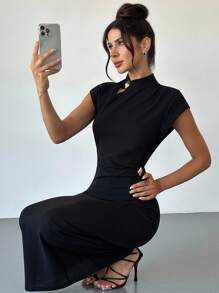 Firerie 全新复古别致中国风黑色金属扣装饰腰部褶饰立领短袖中长波西米亚连衣裙 - 黑色 - 查看 1