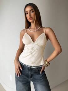 Aloruh Women's Sexy Elegant Deep V-Neck Embroidered Solid Color Ruched Bust Crop Top,Homecoming Tops,Cute Tops Women,Airport For Women,Women Going Out Top,Women Vacation Top, Island Vacation,Women Dating Top,Women Night Out Top - Apricot - View 5