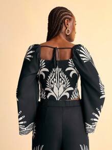 CAJUNI Women's Casual Vacation Tropical Print Long Sleeve Tops Autumn Women's Concert Tops Going Out Tops Women's Bohemian Style Women's Birthday Casual Blouses For Ladies  Black Top - Black and White - View 2