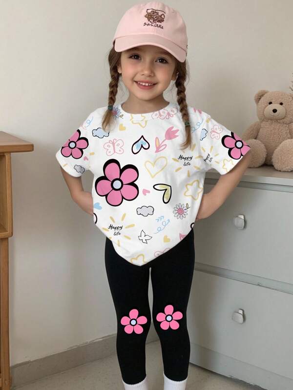 SHEIN Playful Pals 2pcs/Set Girls Casual Cute Cartoon Colorful Flower, Heart, Butterfly Pattern Print Short Sleeve T-Shirt And Leggings Outfit Flower Shirt Girls Cute Flower Shirt Girls Tshirt Flowers Kids Clothes Girls Shirt Happy Life Tshirt Girls Kids Clothes Girl Shirt Girls Tshirt Flower Print Kids Flower Top