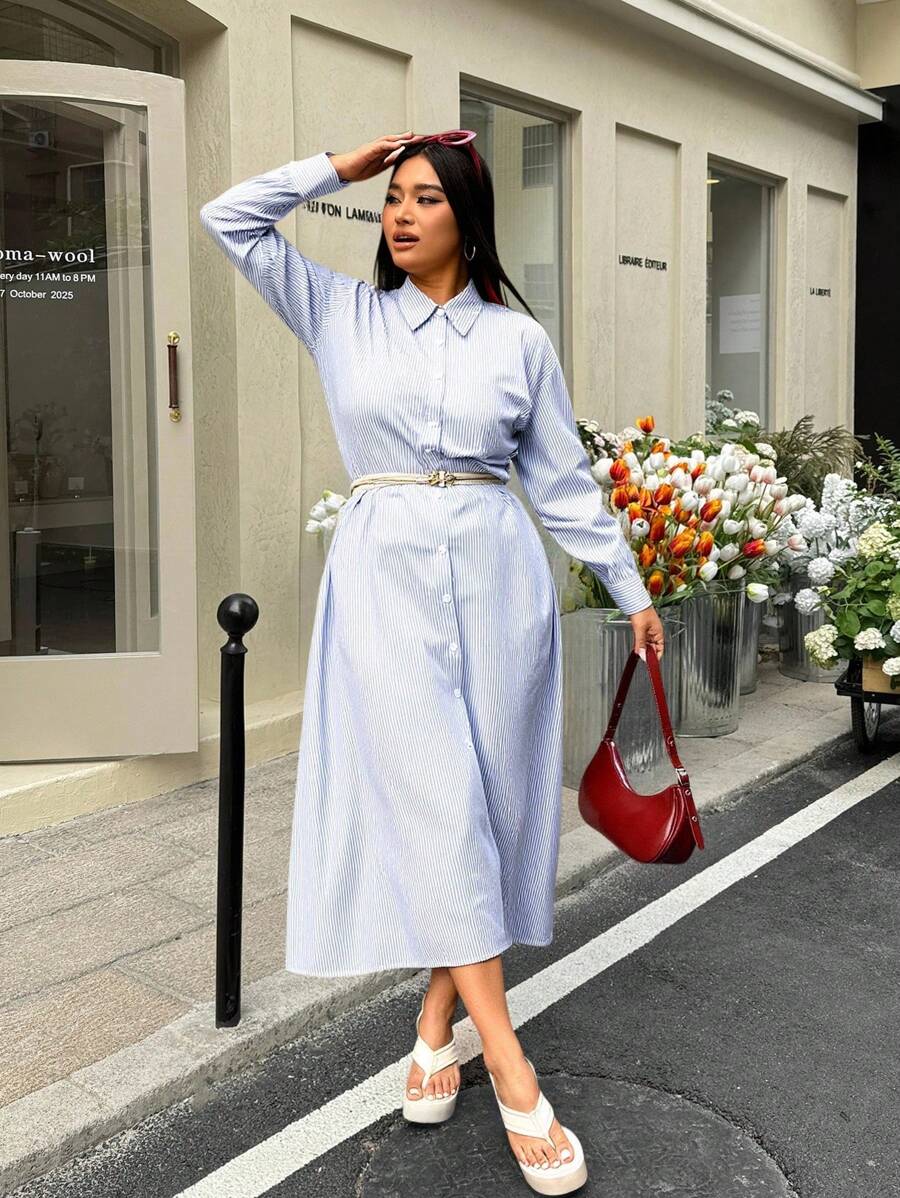 SHEIN EZwear Plus Size Front Button Pocket Striped Shirt Dress Plus Size Shirt Dress - Blue and White - View 1