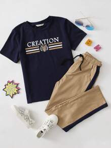 SHEIN Tween Boy Letter And Tiger Print Tee And Slant Pocket Pants Set