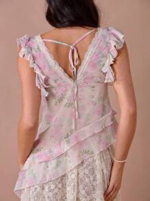 Enchnt Casual Lace Panel Ruffle Hem Sleeveless Blouse For Women - Multicolor - View 7