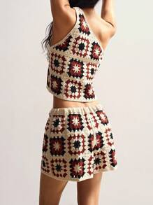 Bohemela Bohemian Women's Resort Retro Style Crochet Top And Shorts Wool Set - Brown - View 7