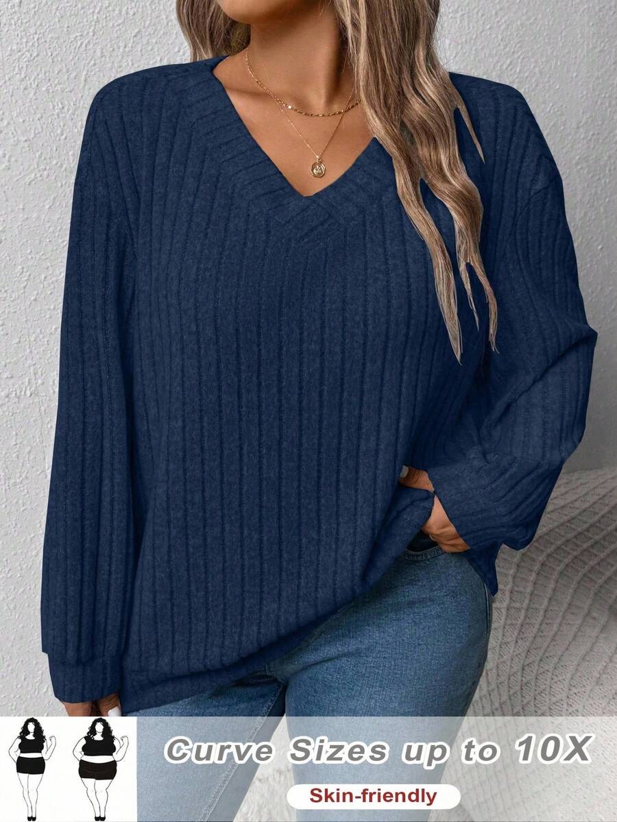 SHEIN CURVE+ Women's V-Neck Casual Loose Sweatshirt, Outerwear Top Fall Cloth For Women Winter Autumn - Blue - View 1