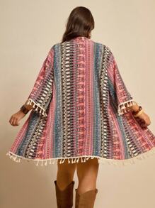 SHEIN LUNE 大码女式花卉印花落肩流苏宽松和服