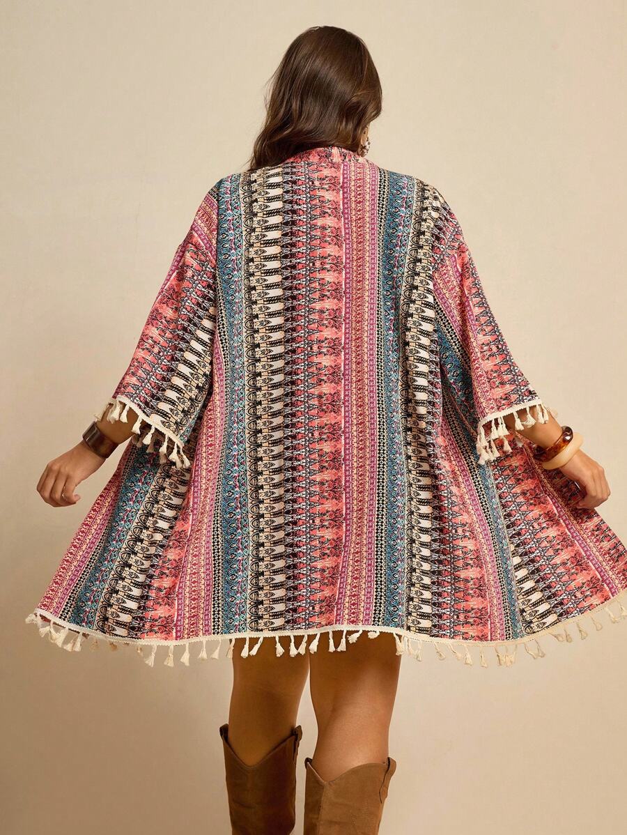 SHEIN LUNE 大码女式花卉印花落肩流苏宽松和服