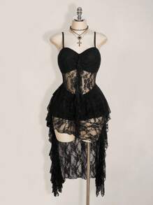 SHEIN ICON 加大码黑色 V 领荷叶边前短后长吊带裙，Y2K 性感细肩带荷叶边下摆连衣裙 - 黑色 - 查看 3