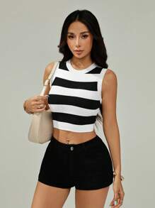 SHEIN PETITE Summer Casual Colorblock Striped Sleeveless Cropped Knit Top,Fall Women Clothes