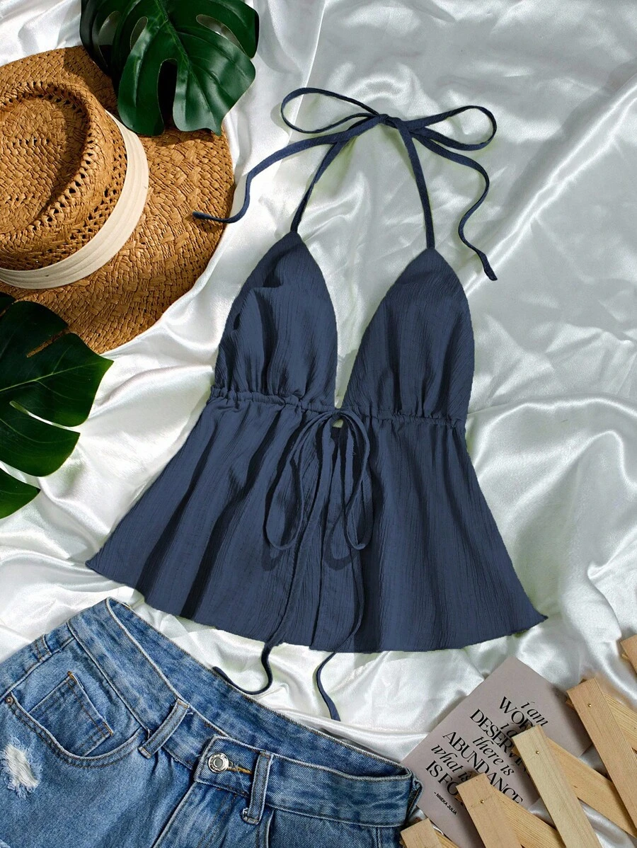 Elamini 女式绿色抽绳吊带背心，春夏