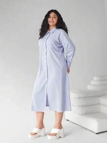 SHEIN EZwear Plus Size Front Button Pocket Striped Shirt Dress Plus Size Shirt Dress - Blue and White - View 5