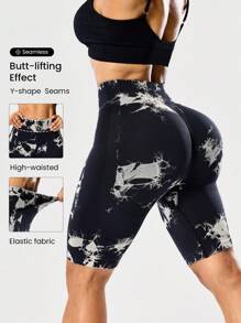 Seamluxe SHEIN Sport سراويل قصيرة للدراجات بخصر عالي منسجمة مطبوعة بنمط صبغة الربط للنساء