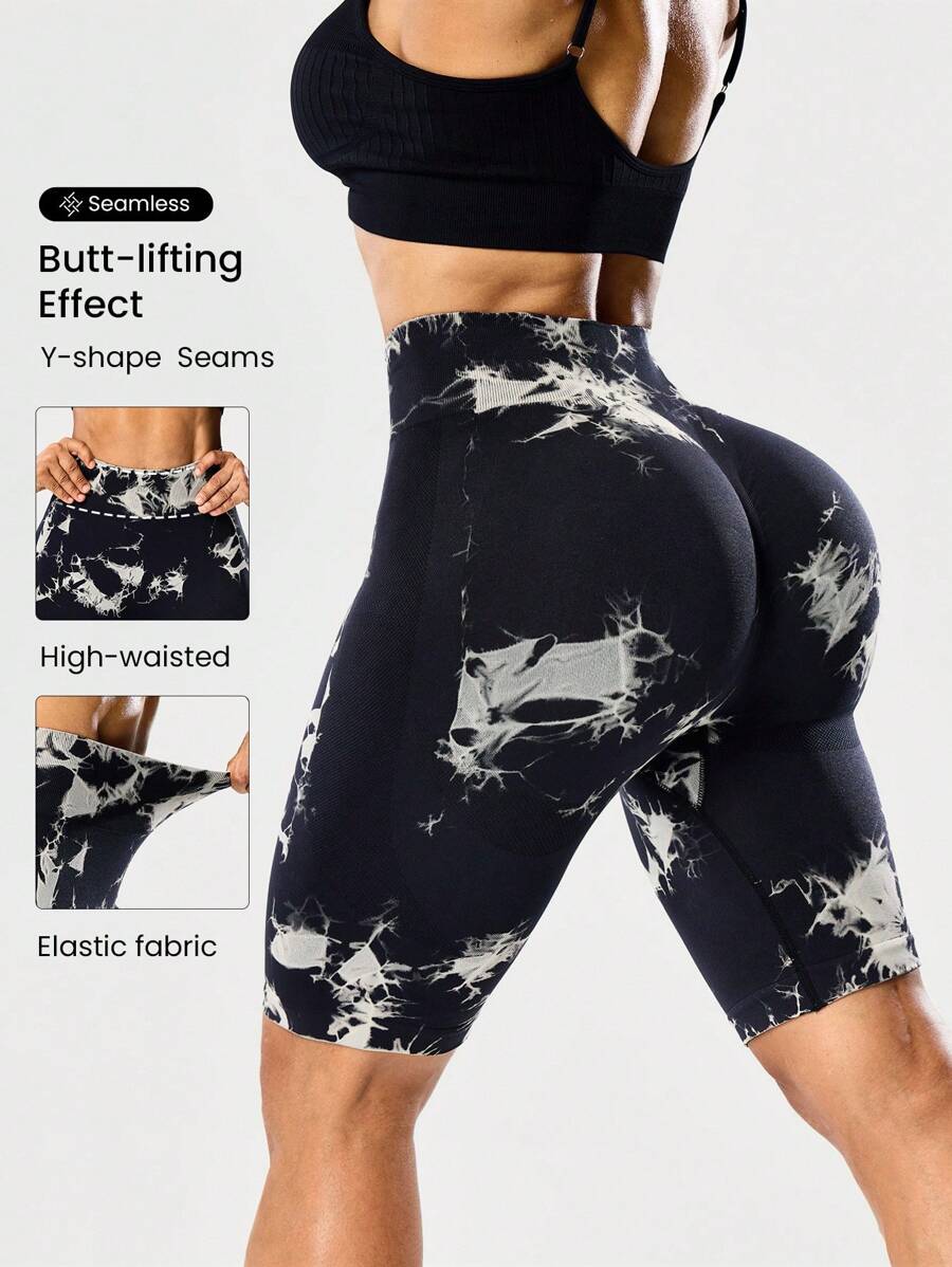 Seamluxe SHEIN Sport سراويل قصيرة للدراجات بخصر عالي منسجمة مطبوعة بنمط صبغة الربط للنساء